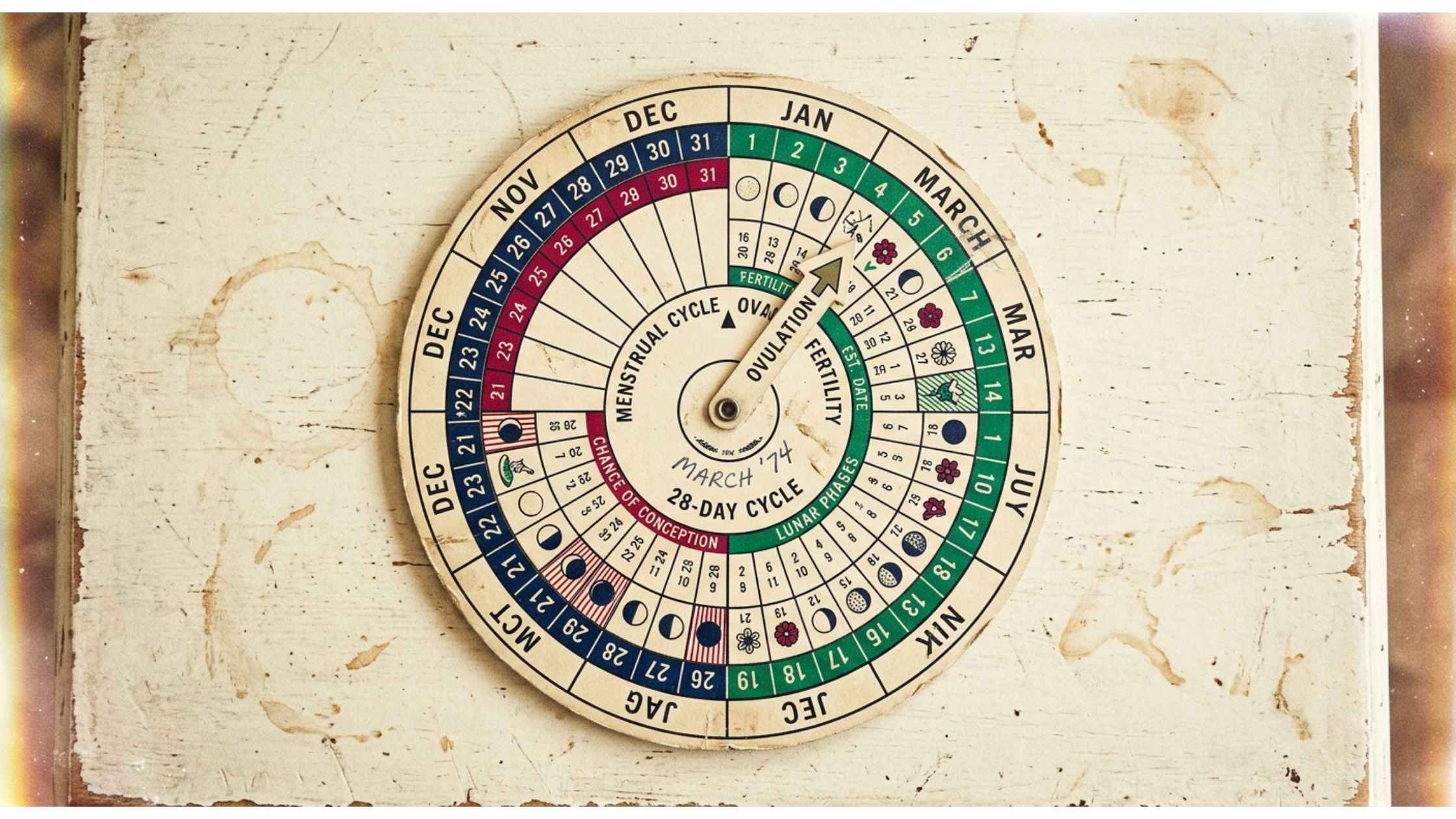 Vintage 28-day menstrual cycle tracking wheel marked March '74, with sections for ovulation, fertility, and lunar phases on a worn wooden surface.