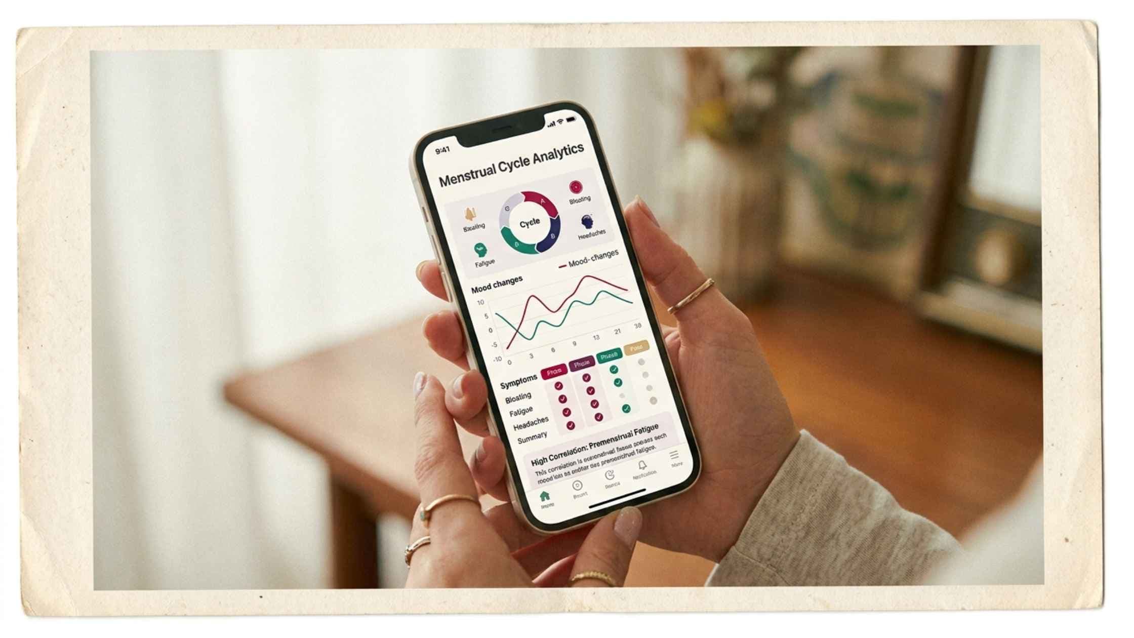Hands holding a smartphone showing a menstrual cycle analytics app with mood charts, symptom tracking, and cycle phase data.