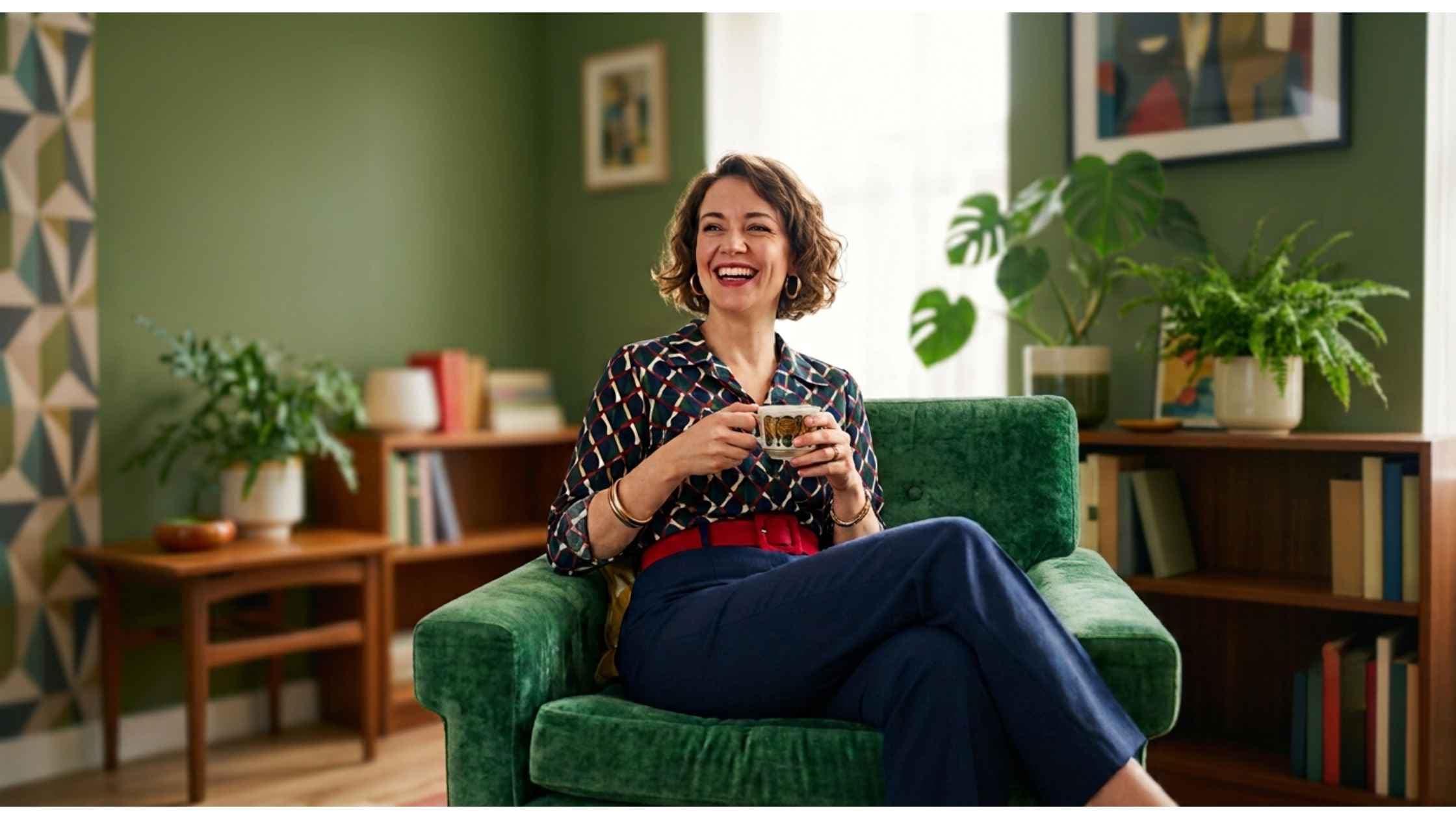 Woman laughing in a green velvet armchair, holding a teacup, in a mid-century modern living room with plants and warm natural light.