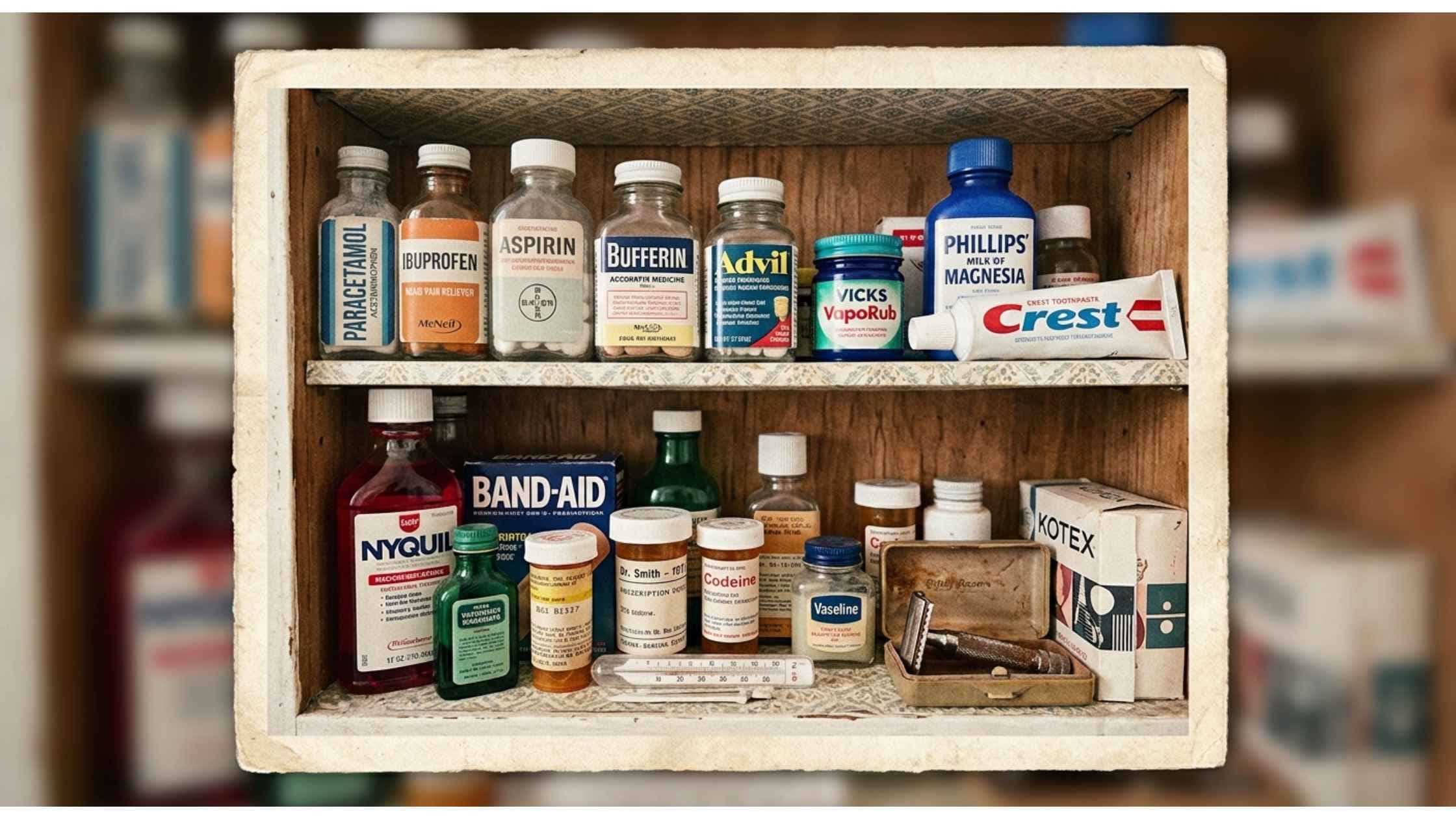 Vintage wooden medicine cabinet stocked with labeled bottles of paracetamol, ibuprofen, aspirin, and other over-the-counter pain relievers.