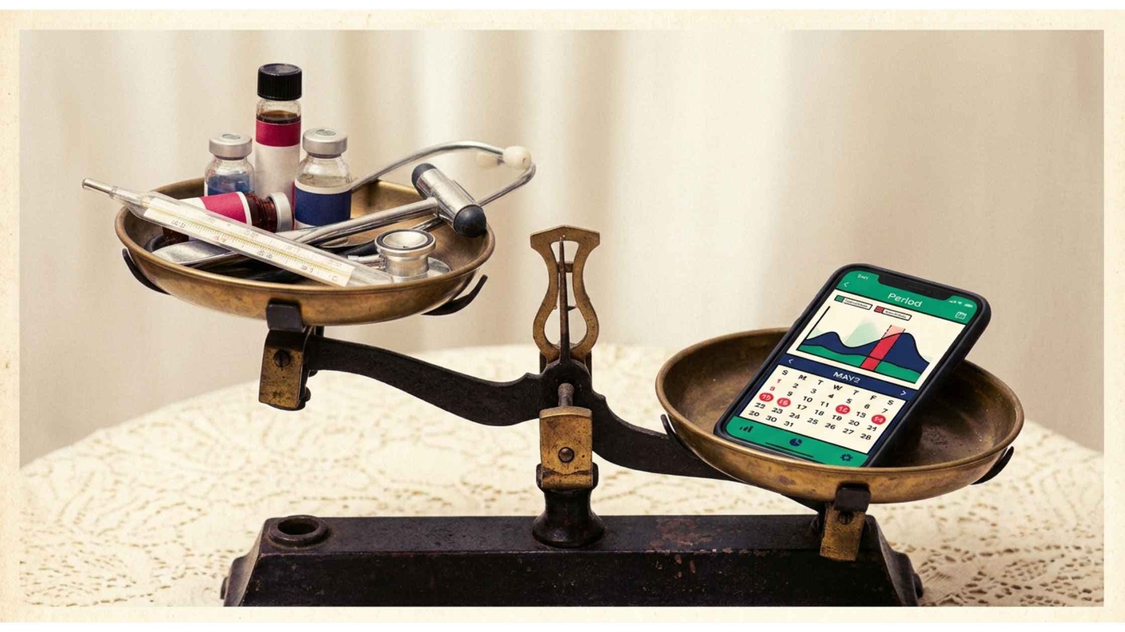 Antique balance scale comparing traditional medical tools on one side with a smartphone showing a period tracking app on the other.