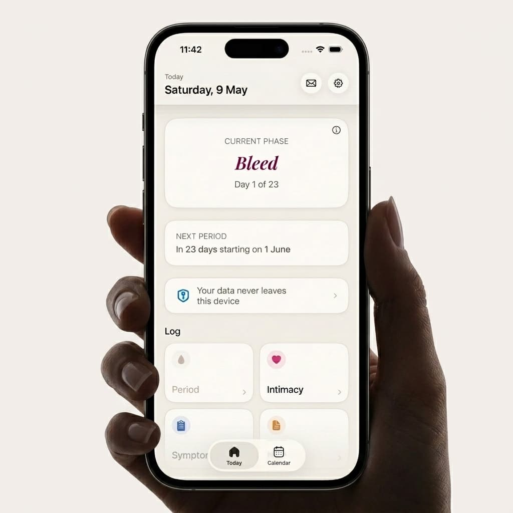 Hand holding a phone showing the Bleed app