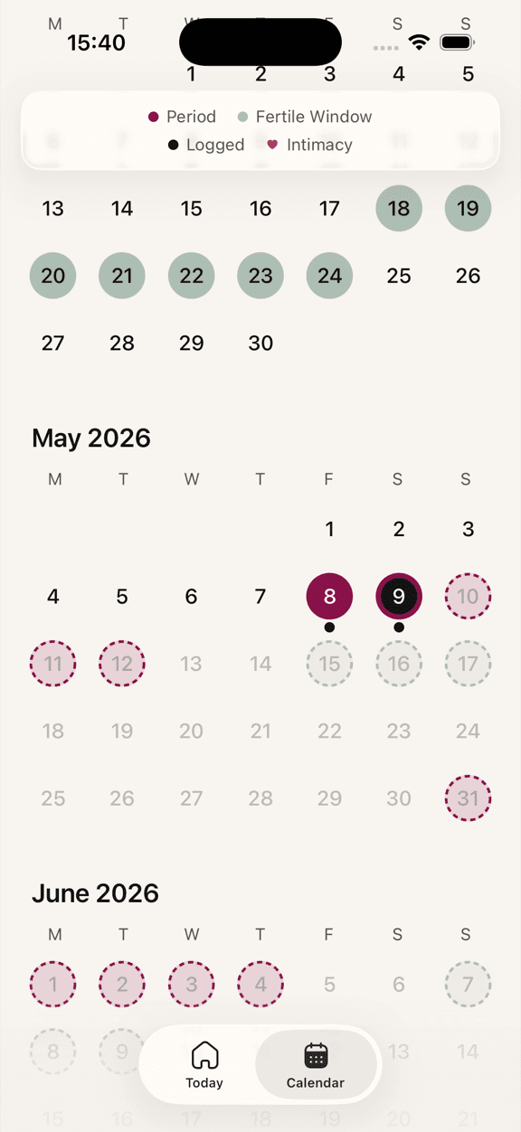 Bleed app Calendar screen