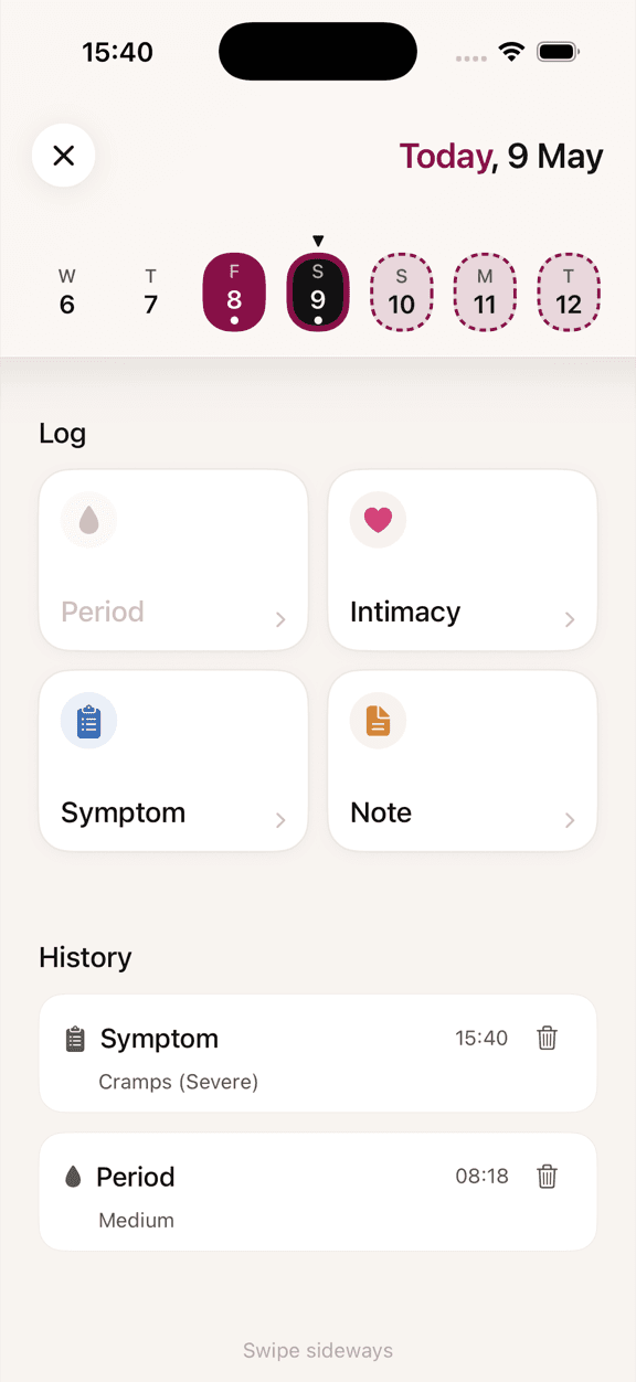 Bleed app — Log screen
