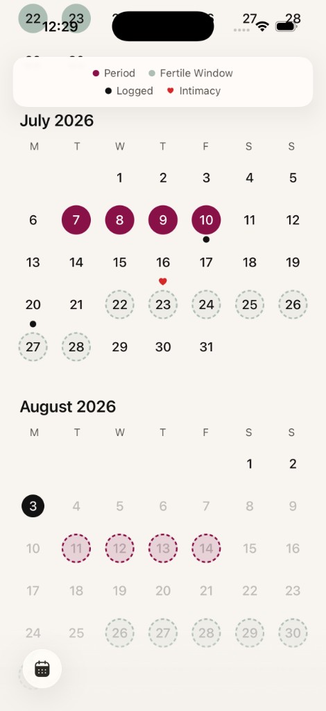 Bleed app Calendar screen