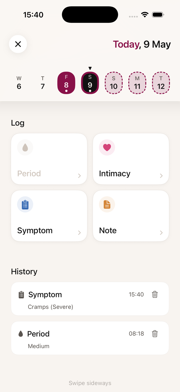 Bleed app Log screen